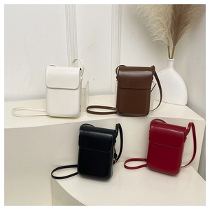 Vertical mini PU leather crossbody phone bags in white, brown, black, and red colors