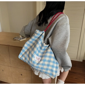 Detail of blue and white checkered canvas shoulder bag with thick red rope handle