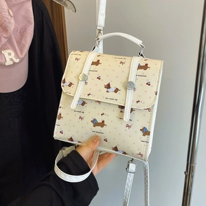 Cream PU Leather Cartoon Dachshund Dog Backpack Small Square Bag For Women Cute Cherry Bow Pattern Mini Shoulder Bag