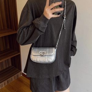 Silver metallic quilted saddle bag with chain strap and bead detail for women