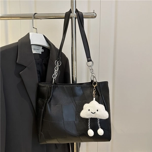 Women Large Capacity PU Leather Tote Bag Geometric Patchwork Shoulder Bag With Chain Strap And Cloud Pendant Handbag