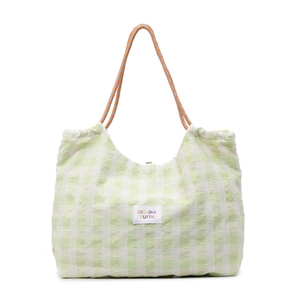 Green checkered tote bag with woven orange handles and textured fabric for women