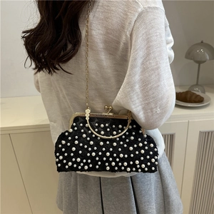Elegant black lace square handbag with pearl embellishments and golden metal chain strap