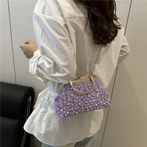 Purple lace square bag with 3D floral textures and pearls with gold chain strap