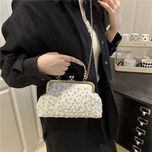 Elegant off-white square clutch with 3D floral pearls and gold chain strap for women