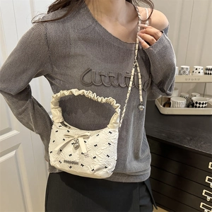Chic beige ruched handbag with black bow embroidery and ruffled top handle for women