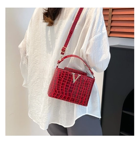 Macro detail of red crocodile pattern handbag with silver V-shaped metal hardware accessory