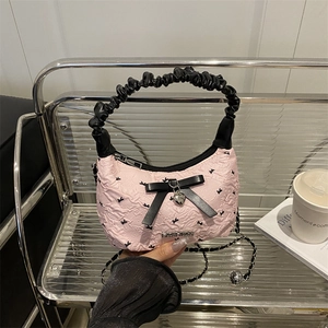French Style Bow Dumpling Shoulder Bag For Women Ruched Handle Heart Pendant PU Leather Crossbody Handbag Fashion Small Purse