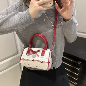 Sac Boston à pois avec nœud rouge et dentelle, sac à main élégant pour femmes