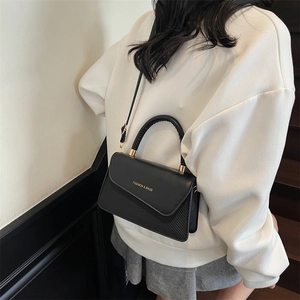 Chic black minimalist square handbag with diagonal texture and gold metal hardware for women