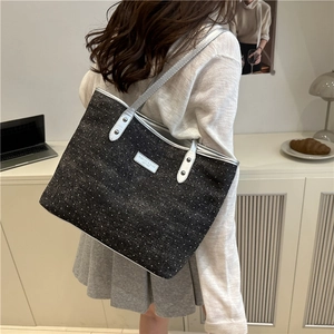 Grand sac cabas gris foncé à pois blancs avec lanières en cuir argenté pour femmes