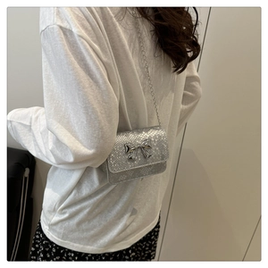 Detail of silver snake-pattern crossbody bag with a metal bow and delicate chain strap