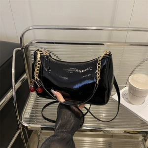 Women Glossy Patent Leather Underarm Bag Fashion PU Shoulder Bag With Cherry Charm Gold Chain Commuting Baguette Bag Purse