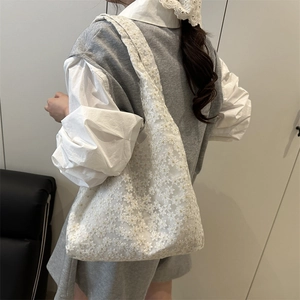 White lace tote bag with daisy embroidery for women, summer casual shoulder handbag