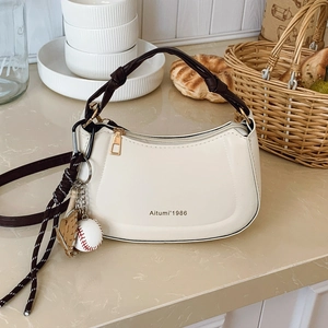 Minimalist Women PU Leather Half Moon Shoulder Bag Braided Handle Baseball Charm Elegant Crescent Underarm Bag Daily Casual Bag