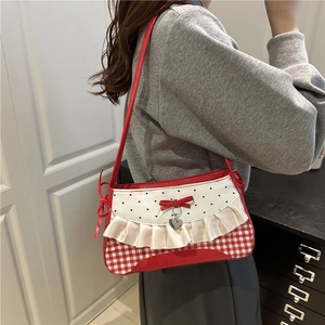Chic red and white heart print crossbody bag with ruffled lace and heart pendant for women