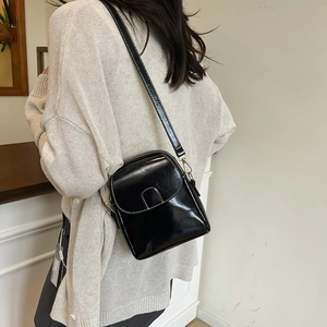 Fashionable black patent leather crossbody square bag with white contrast stitching for women