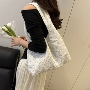 Sac fourre-tout en toile à fleurs pour femmes avec broderies jaunes et grande capacité