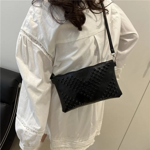Minimalist black PU leather square crossbody bag with punk style V-shaped stud decoration