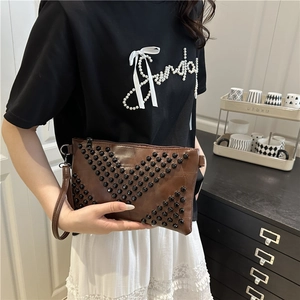 Minimalist dark brown square crossbody bag with v-shaped rivet studs for women
