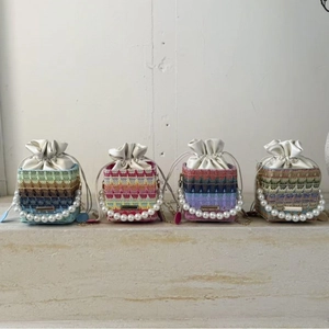 Women Mini Colorful Woven Synthetic Straw Bucket Bag With Artificial Pearl Handle Alloy Metal Chain Shoulder Crossbody Vacation