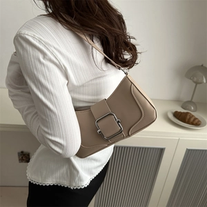 Minimalist khaki PU leather baguette shoulder bag with large silver square buckle