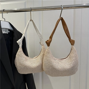 Women's Straw Woven Underarm Bag Minimalist Half Moon Shoulder Bag For Beach Vacation Casual Summer Tote With Knot Handle