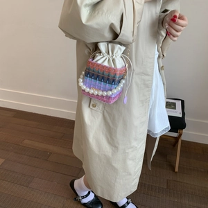 Colorful woven bucket bag with pearl handle and metal chain for women's summer fashion