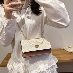 Fashionable straw and brown leather small square crossbody bag with gold chain strap