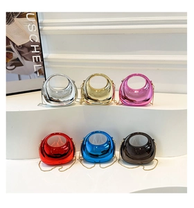 Group display of mini crescent moon bags in six metallic colors with chain straps