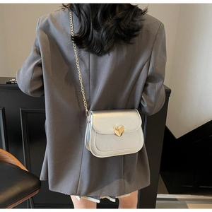 Detail of silver crossbody bag with gold heart-shaped buckle and fine chain strap