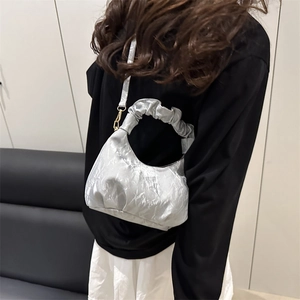 Silver grey pleated dumpling bag with chain strap and accordion handle for women