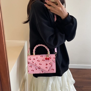 Pink sweet cherry print crossbody handbag with top handle and cherry charm pendant