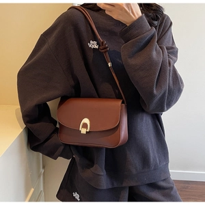Detail of a dark brown crossbody bag featuring a golden horseshoe clasp on the flap