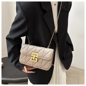Detail of champagne gold quilted bag with metal buckle and chain strap on a model