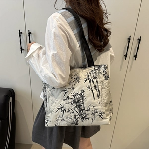 Women's white satin tote bag with ink bamboo print and black straps for summer