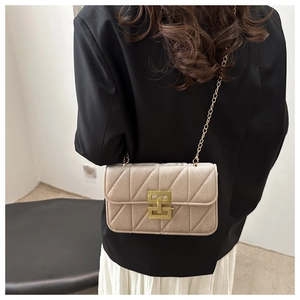 Close-up of champagne quilted velvet crossbody bag with elegant gold chain strap
