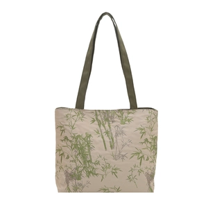 Women's large canvas tote bag with green bamboo pattern and olive green straps