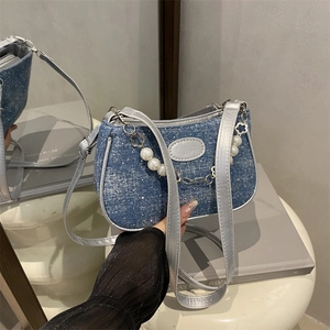 Women Fashion Denim Crossbody Bag With Artificial Pearl Chain Metal Flower Decor Small Square Shoulder Bag For Daily Use