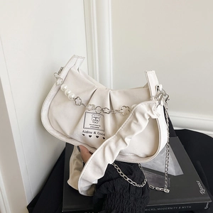 Women Pleated Cloud Hobo Bag Artificial Pearl Flower Chain Shoulder Bag Chic Wrinkled Underarm Purse Ruched Dumpling Bag For Ladies