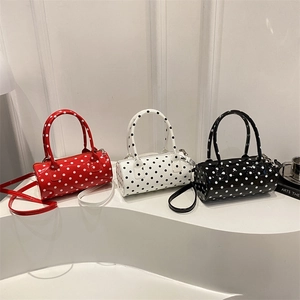 Women Polka Dot Barrel Shoulder Bag PU Leather Glossy Crossbody Bag Retro Fashion Cylinder Handbag With Adjustable Strap