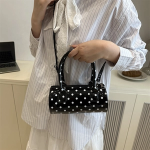 Retro black polka dot boston bag with double handles and adjustable strap for women