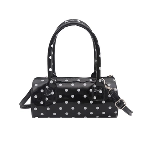 Sac à main Boston cylindrique à pois en cuir verni noir avec bandoulière réglable