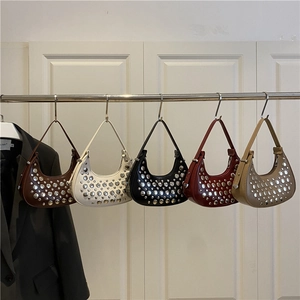 Women Fashion Rivet Hobo Shoulder Bag PU Leather Street Style Crescent Crossbody Dumpling Bag Solid Color Trendy Handbag