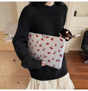 Chic 13-14 inch laptop sleeve with red cherry prints and smooth silk texture finish