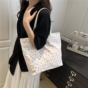 White canvas tote bag with red cherry prints, large capacity casual shoulder bag for women