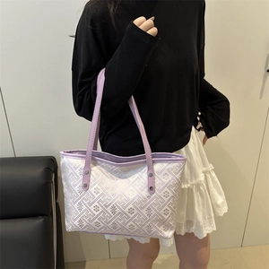 Large capacity lavender woven tote bag with vintage geometric floral patterns for women