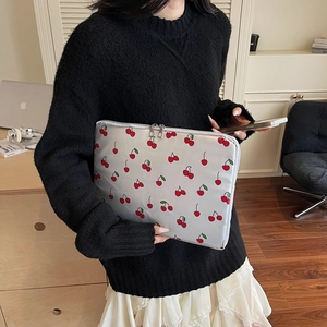Silver laptop sleeve with cherry print and dual metal zippers for 13-14 inch computers