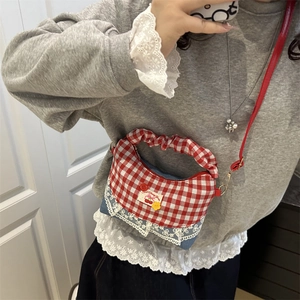 Japanese style red plaid and denim patchwork bucket bag with lace trim and cherry patch