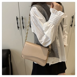 Dettaglio della borsa beige con bordo a patta ondulato e tracolla a catena d'oro